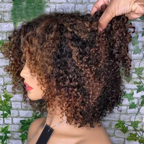 5x5 HD Lace Closure Wigs Human Hair 180% Density 1B/4 Highlight Bob Wig Human Hair Glueless Wigs Pre Plucked Short Curly Human Hair Wig Bleached Knots Ready to Wear (14inches)
