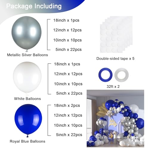 136pcs Blue White Silver Balloon Garland Kit - 18/12/10/5 Inch Royal Blue, Silver Confetti Balloon Arch for New Year, Grad...