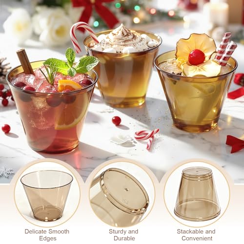 Glowserve 50 Pack Plastic Cups 9 oz Brown Clear Plastic Cups for Cocktail Fancy Disposable Cup for Party Stemless Wine Gla...