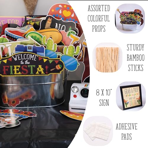 Fiesta Photo Booth Props - 41-pc Photobooth Kit with 8 x 10-Inch Sign, 60 Adhesive Pads, 45 Sticks - Mexican Photo Prop - ...
