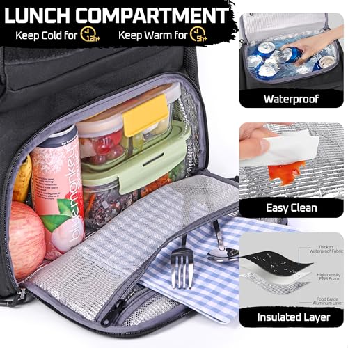 MOZETO Laptop Lunch Backpack for Men, Tactical Inspired Utility Anti-Theft Work Bag with Cooler Compartment Lunchbox (Blac...