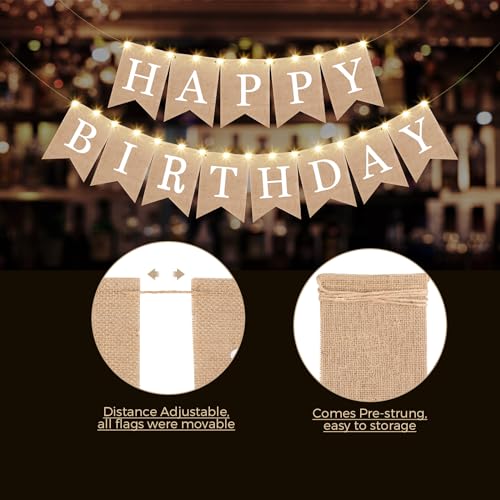 Breling 2 Pieces Burlap Happy Birthday Banner Flags Decor and 2 Pieces Mini LED Fairy Lights Battery Rustic Banner Garland...