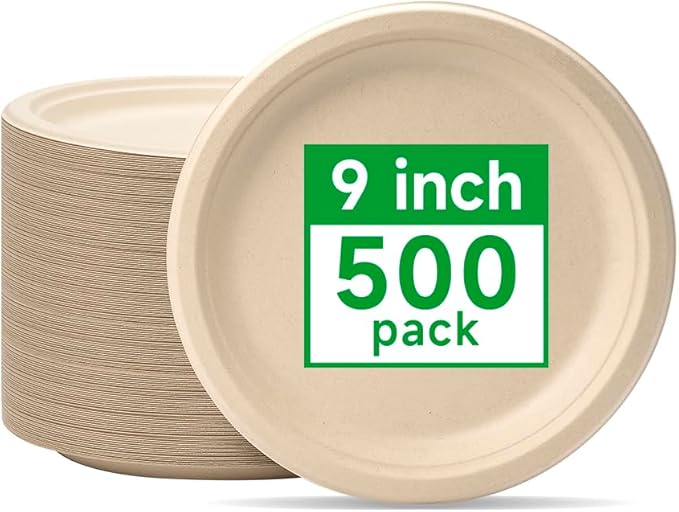 RACETOP Compostable Paper Plates 9 Inch [500 Pack], Disposable Biodegradable Heavy Duty Paper Plates, Made of Natural Sugarcane Fibers, Unbleached Brown, Round