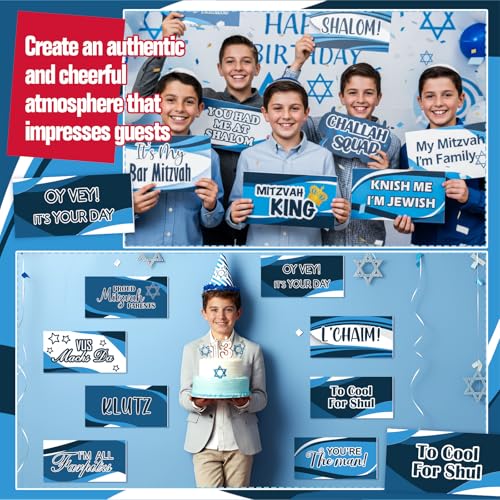 Ctosree 12 Pcs Bar Mitzvah Party Bundle Blue Photo Booth Props Jewish Centerpiece Party Decoration Birthday Celebration Wa...