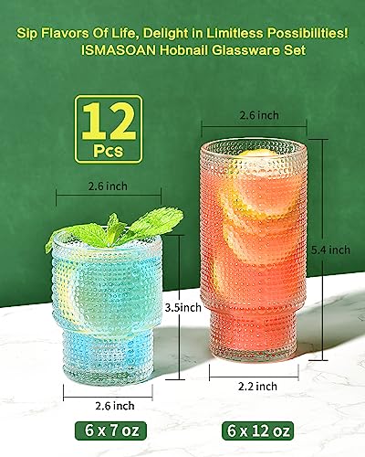 ISMASOAN Hobnail Drinking Glasses Set of 12, Stackable Glasses 12 oz and 7 oz, Bubble Glasses Drinking, Vintage Glassware,...