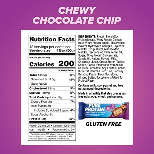 Pure Protein Chewy Chocolate Chip Protein Bars – 20g Protein, 3g Sugar, 190 Calories (12 count) Low Sugar* High Protein Sn...