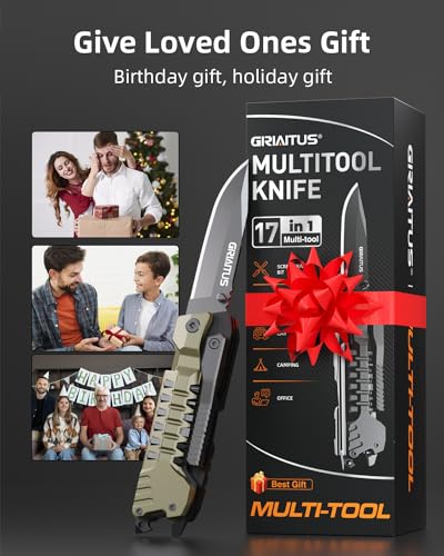 Multitool Knife, 17 in 1 Pocket Knife with Screwdriver, Fire Starter Sticks, Bottle Opener, Saw, Whistle, Nylon Sheath, ED...