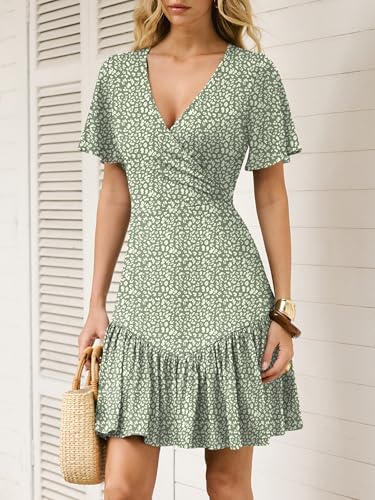 ANRABESS Womens Summer Mini Dresses 2026 Casual Floral Beach Vacation Sundress Wrap V Neck A-Line Boho Spring Short Dress