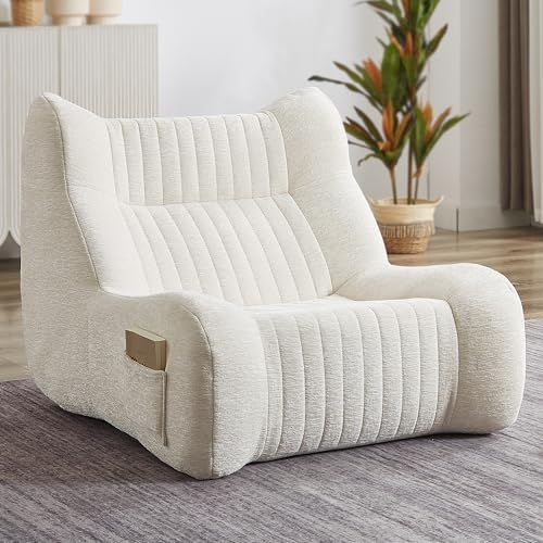 KEIKI Bean Bag Chair with Armrests & Side Pockets, Oversized Comfy Lounge Sofa, High-Resilience Foam, Ergonomic Design, Plush Accent Chair for Living Room & Bedroom, White