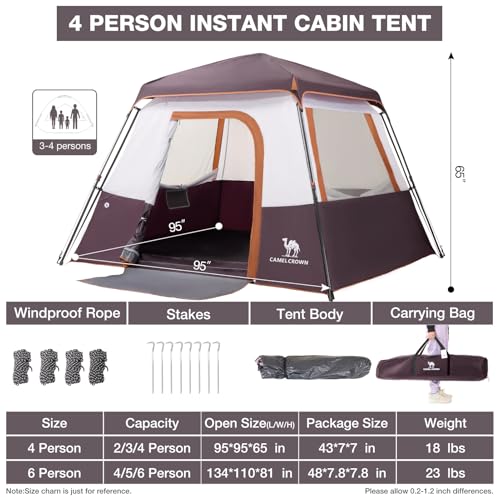 Camping Tents 4/6 Person Pop Up Instant Tent - Setup in 60s for Family Camping, Windproof Design, Family Cabin Tent with R...