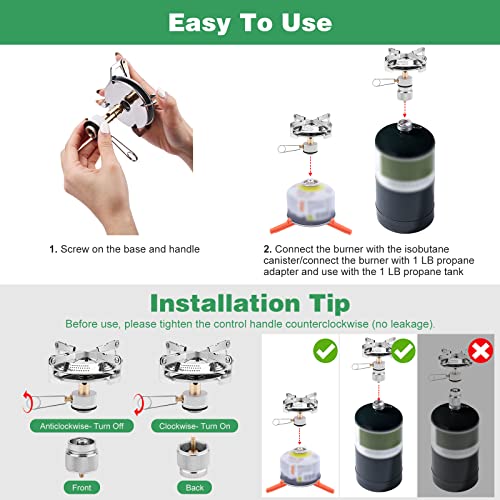 WADEO Portable Camping Stove Burner, Backpacking Stove with 1LB Propane Tank Adapter, Fuel Can Canister Stand and Carry Ca...