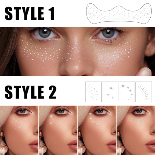 20PCS Glitter Freckles, Glitter Freckles Face Tattoo, Sparkle Freckles for Women and Kids, Cute Star Waterproof Silver Tem...