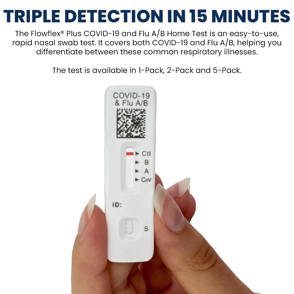 COVID & Flu Home Test by Flowflex Plus, Rapid Results in 15 Minutes, Trusted OTC COVID-19 & Flu A/B Testing Kit, FSA and HSA Eligible, Easy to Use & No Discomfort, 1 Pack 1 Test