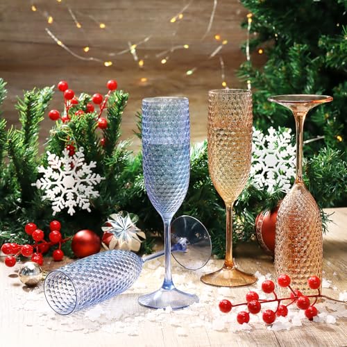 12 Pack Plastic Champagne Flutes Vintage Light Blue Goblet Champagne Glasses Unbreakable Wedding Toasting Glasses Diamond ...