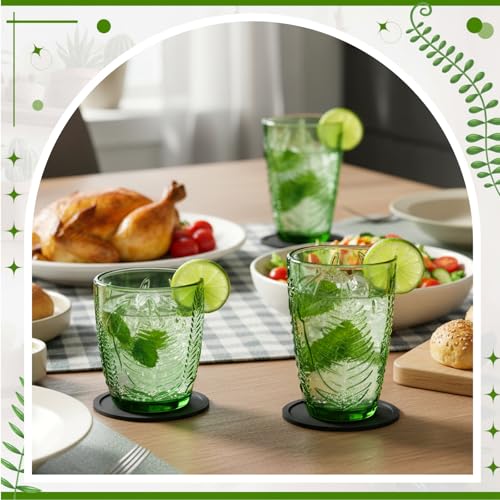 Ferrochef Green Drinking Glasses Set of 8 with Coasters 10 &12 oz Vintage Fern Leaves Textured Green Glass Cups Boho Aesth...