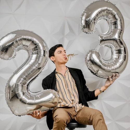 Silver 2 Balloon, Number Balloons 40 Inch, 2nd Balloon Number Birthday Decorations, Two Second Birthday Party Supplies, Nu...
