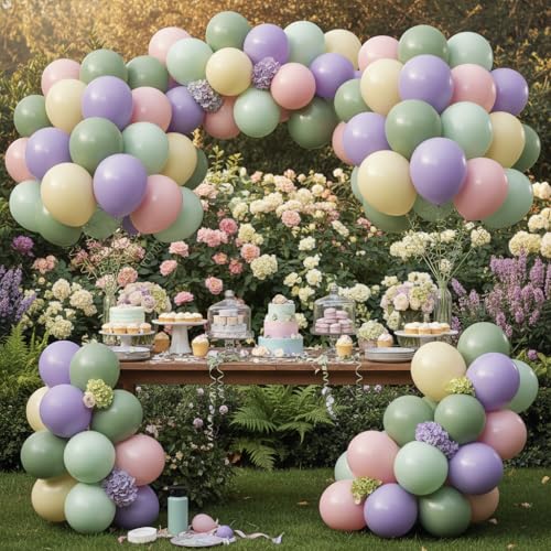 Purple Green Pink Yellow Balloons, 60Pcs 12 Inch Pastel Balloons Include Sage green Pastel Purple Pink Yellow Light Green ...
