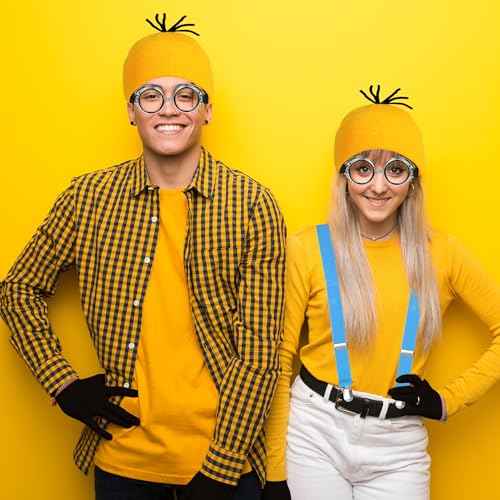 Halloween Costumes for Women Adult, 3PCS Steampunk Goggles Yellow Beanie Hat & Black Gloves and Blue Suspenders for Men Women Funny Halloween Costumes Cosplay Party Set