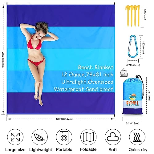BYDOLL Beach Blanket 78''×81'' 4-7 Adults Oversized Lightweight Waterproof Sandproof Beach Blanket Large Picnic Mat for Tr...
