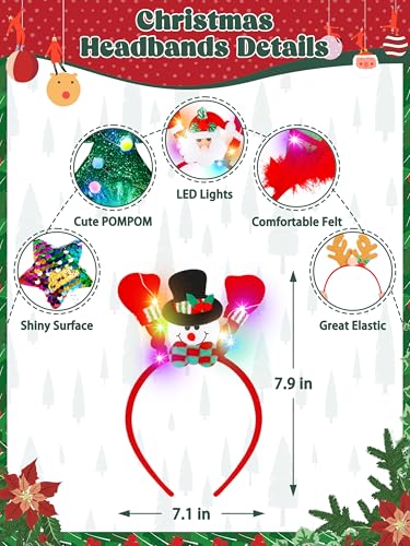 HOVACY 12PCS Christmas Headband, Christmas Light Headband, Christmas Party Favors Xmas Accessories for Xmas Decorations