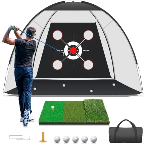 KLAODOT Golf Net with Practice Mat,Golf Hitting Aid Nets 10x7FT for Backyard Driving Chipping Training Swing with Target M...
