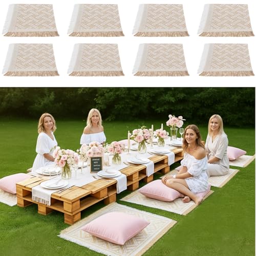 Hahafelt 8 Pcs Outdoor Picnic Blanket 35"x35" Boho Blanket Woven Cotton Yarn Portable Mat Plaid with Fringe Washable for P...