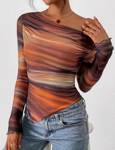 PRETTYGARDEN Womens Fall Trendy Off Shoulder Y2k Tops 2026 Tie Dye Mesh Long Sleeve Shirts Asymmetrical Ruched Floral Blouse