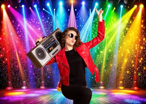 LTLYH 7x5ft Fabric Disco Rainbow Stage 70s 80s 90s Backdrop Vintage Lights Photography Background Rock Music Club Neon Glo...