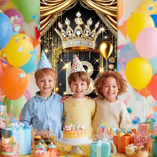 HOMETITUTE 18th Birthday Door Cover 71x35 Inch Royal Gold Birthday Banner for Party Decorations Crown Cake Gift Backdrop S...