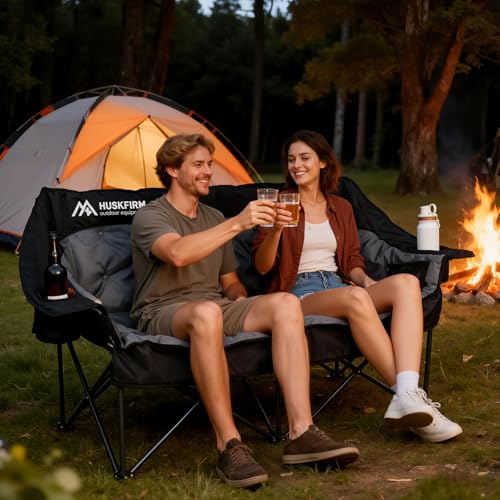 Double Camping Chair Oversized Padded Camping Chairs for Adults Folding Loveseat with Cup Holders and Side Pockets Heavy D...