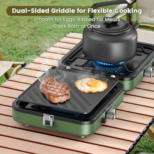 OGERY 2-Burner Foldable Camping Stove with Griddle (Textured & Smooth) and Carrying Bag, Portable Propane Camp Stove with ...