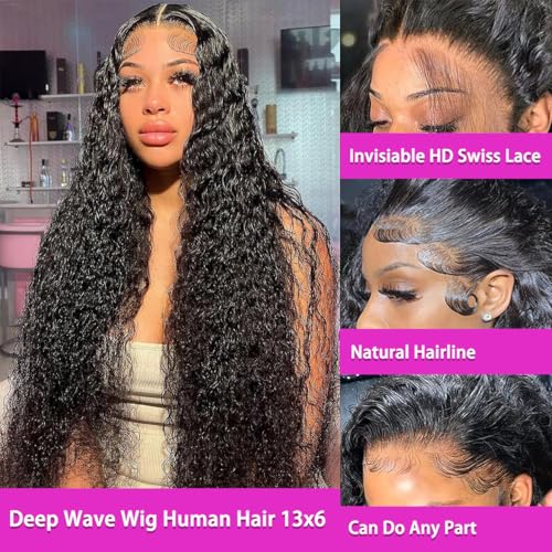 Deep Wave Lace Frontal Wigs Human Hair Pre Plucked Wet and Wavy 13X6 Lace Front Wigs Human Hair Glueless Brazilian Natural Black Deep Curly Wigs for Black Women 210% Density 18Inch