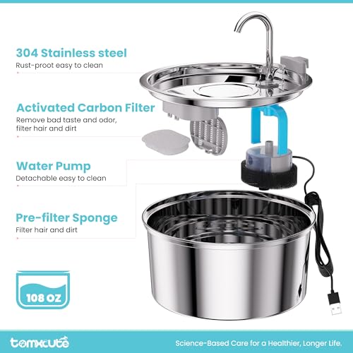 Tomxcute Cat Water Fountain, 3.2L/108oz Automatic Stainless Steel Pet Fountain Dog Water Dispenser, Ultra-Quiet Pump and 3...