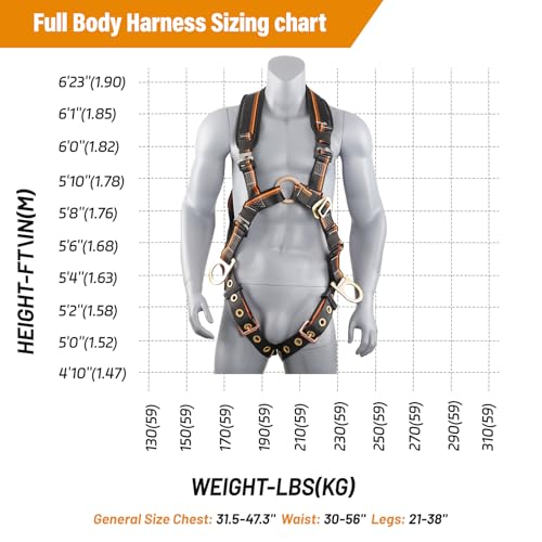 QFU Full Body Safety Harness & Fall Protection Kit with Padded Straps, ANSI Compliant, Includes Shock-Absorbing Lanyard fo...