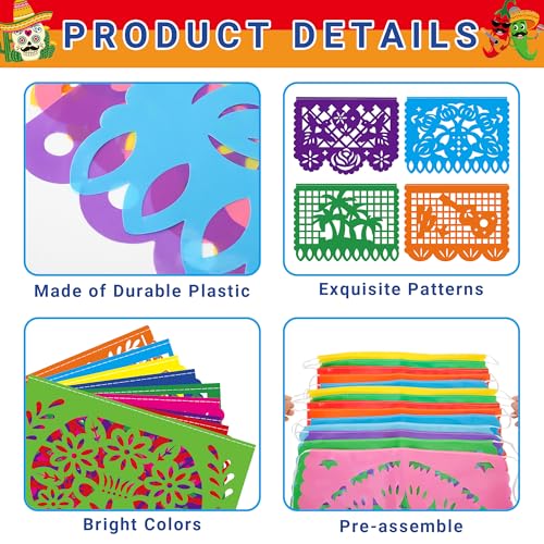 18 FT Cinco De Mayo Party Decorations, 1 Pack Fiesta Banner with 9 Plastic Papel Picado, Colorful Mexican Theme Party Flag...