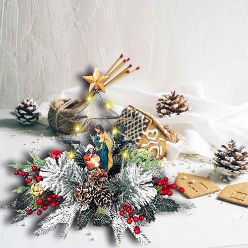 Eksen Nativity LED Tabletop Christmas Tree Centerpiece, Holy Family Scene with Warm Lights, Snowy Pine & Red Berry Accents...