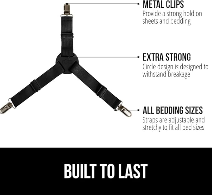 GORILLA GRIP Patent Pending Bed Sheet Holders, Adjustable Elastic Fasteners with Metal Clips, Keep in Place Fitted Bedding Straps, Firm Tight Suspenders for Mattress, US Designed, 4 Pack Black