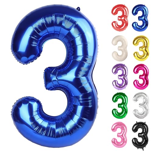 Metallic Blue Number 3 Balloon 40 Inch, 3 Balloon Number, 3rd Birthday Decorations, Navy Blue Party Supplies for Boys Girls