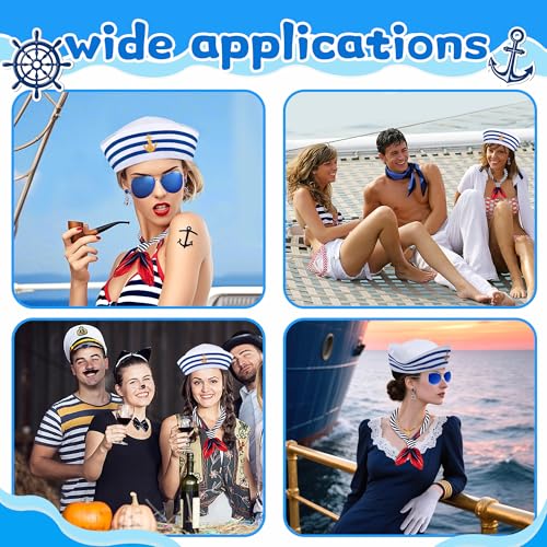 Watayo 5 Pcs Halloween Nautical Sailor Hat and Scarf Cosplay Outfit, Yacht Captain Sailor Cap Scarf Sunglasses Gloves Earr...