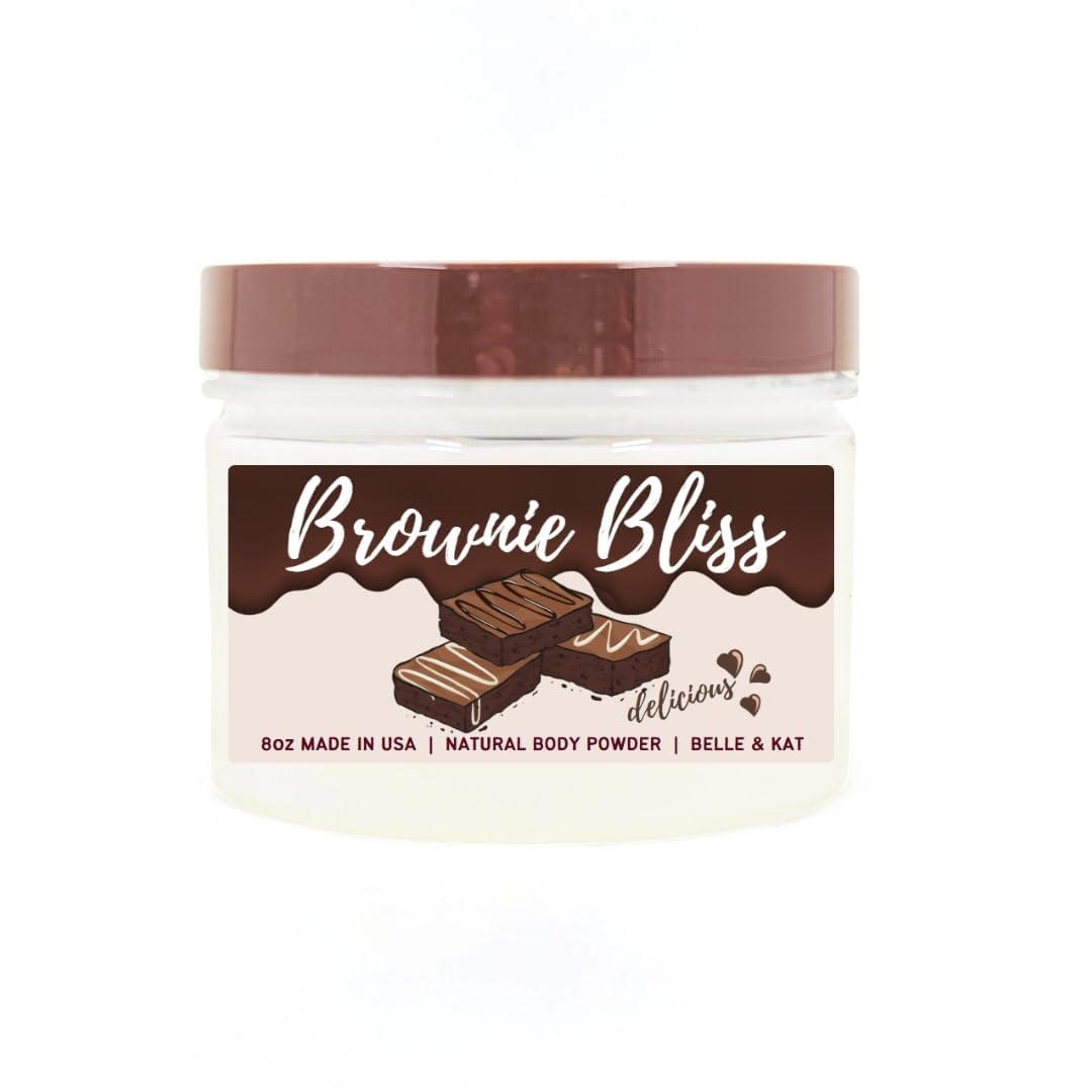 Body Powder for Men & Women Scented Chocolate Brownie Bliss, bath Perfume Dusting Powder with Fragrance & Essential Oils, Talc Free 8oz Container, Made in USA