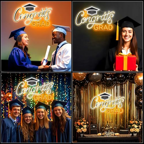 SELICOR Congrats Graduation Neon Sign with Cap - 15" x 8", Adjustable LED Light Up Sign for Prom Party, Photos, Class of 2...