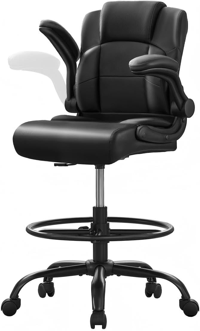 500 lbs Drafting Chair Tall Office Chair with Flip-up Armrests for Standing Desk Executive Ergonomic Computer Leather Desk Chair with Lumbar Support, Adjustable Foot Ring for Home or Drawing Use
