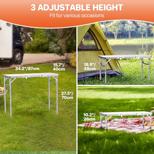 FUNYKICH 3ft Folding Camping Table with 3 Adjustable Height, 34.2'' Lx15.7'' W Portable Picnic Tables, Lightweight Aluminu...