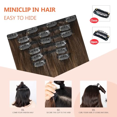 Balayage Hair Extensions Real Human Hair, Ombre Medium Brown Fading to Caramel Blonde 14 inches 120g Highlights 100% Human Hair Natural Straight Woman Beauty Clip ins #4/27/4