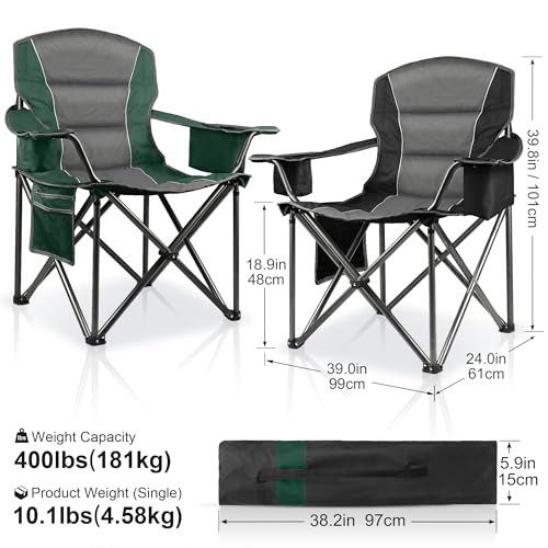 LANMOUNTAIN 2 Pack Padded Oversized Camping Chairs for Adults,Heavy Duty Support 400 Lbs,Folding Portable Lawn Chair w/Cup...