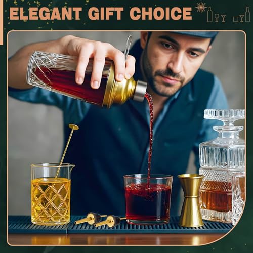 Mifoci 7 Pcs Gold Glass Cocktail Shaker Set Bartender gift set with 14oz Shaker 24oz Cocktail Mixing Glass Measuring Jigge...