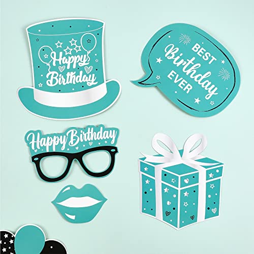 Fangleland 24PCS Turquoise Birthday Photo Booth Props, Teal Blue Happy Birthday Decorations with Forever Young Selfie Pict...