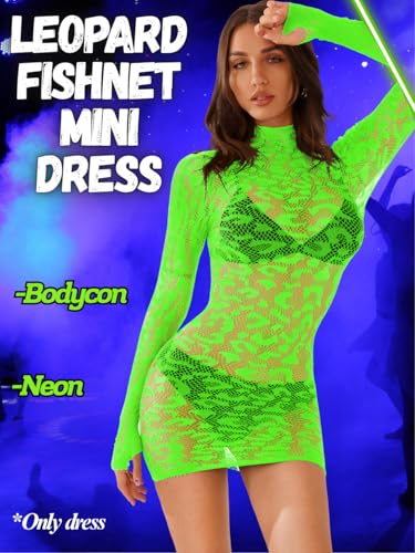 EHSUYAB Women Sexy Leopard Mini Fishnet Bodycon Dress, Long Sleeve Sheer Mesh, Going Out Rave Party Exotic Dancer Outfit 0-14