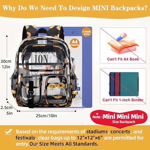 Unineovo Mini Clear Backpack for Stadium Approved 12x6x12, Small Transparent Backpacks Plastic See Through Clear Bag for K...