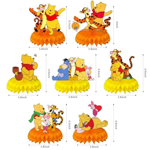 Winnie Birthday Party Supplies, 7Pcs Honeycomb Centerpieces for Winnie Party Decorations, Double Sided Table Decorations C...